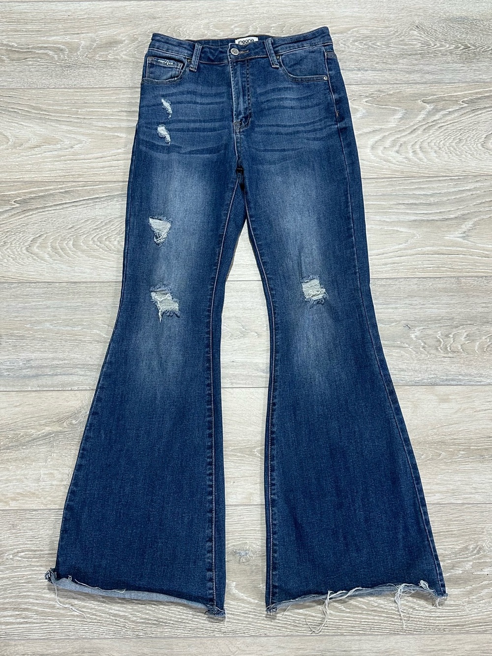 Insane Gene Distressed High Rise Flare Jeans Raw Hem Blue Size 9/28